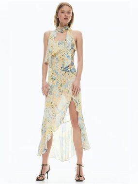 FLOUNCED CHIFFON DRESS WITH SCARF IN PASTEL YELLOW & BLUE SLIM FIT NWT SZ MEDIUM